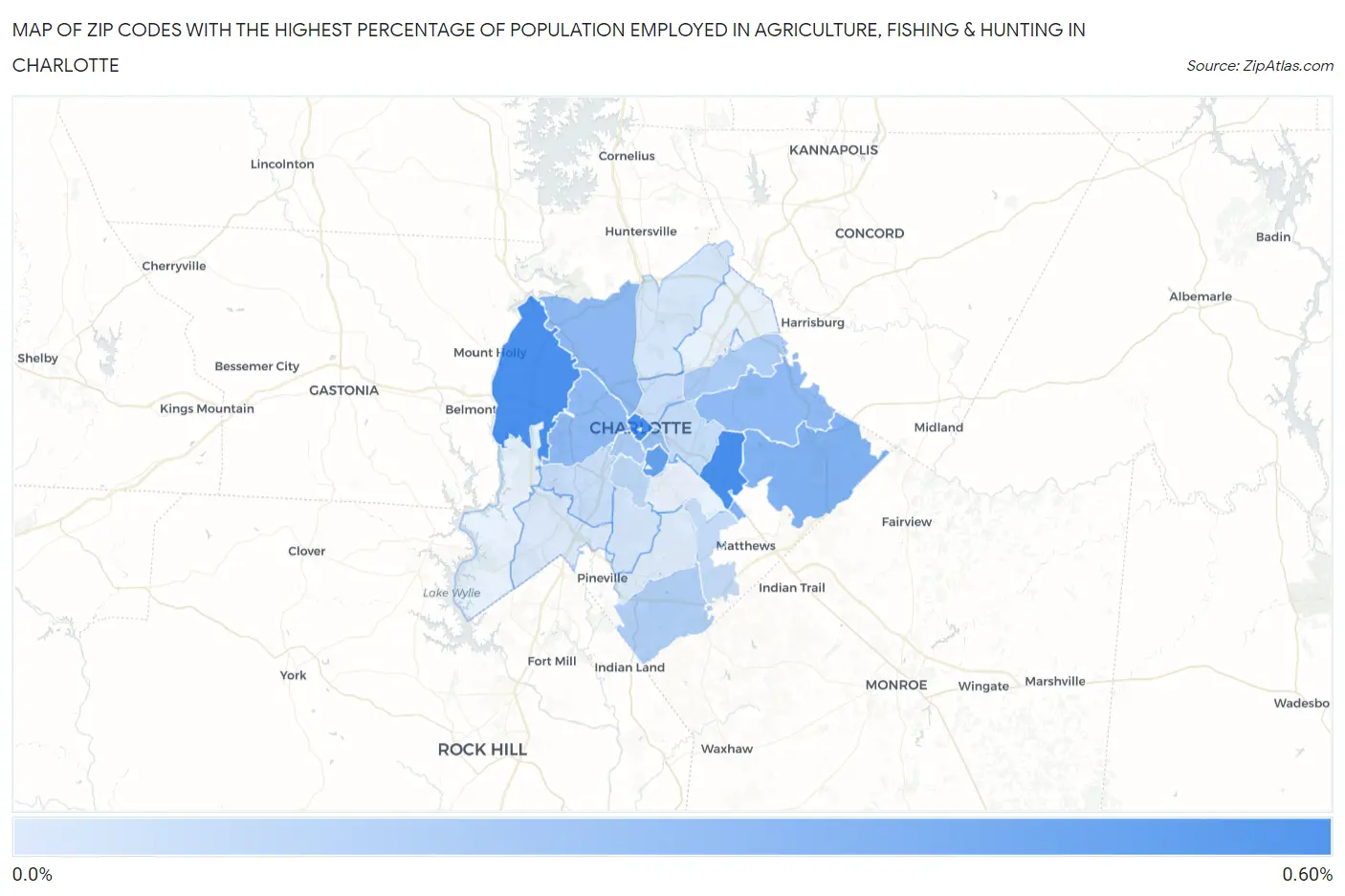 Zip Codes with the Highest Percentage of Population Employed in Agriculture, Fishing & Hunting in Charlotte Map