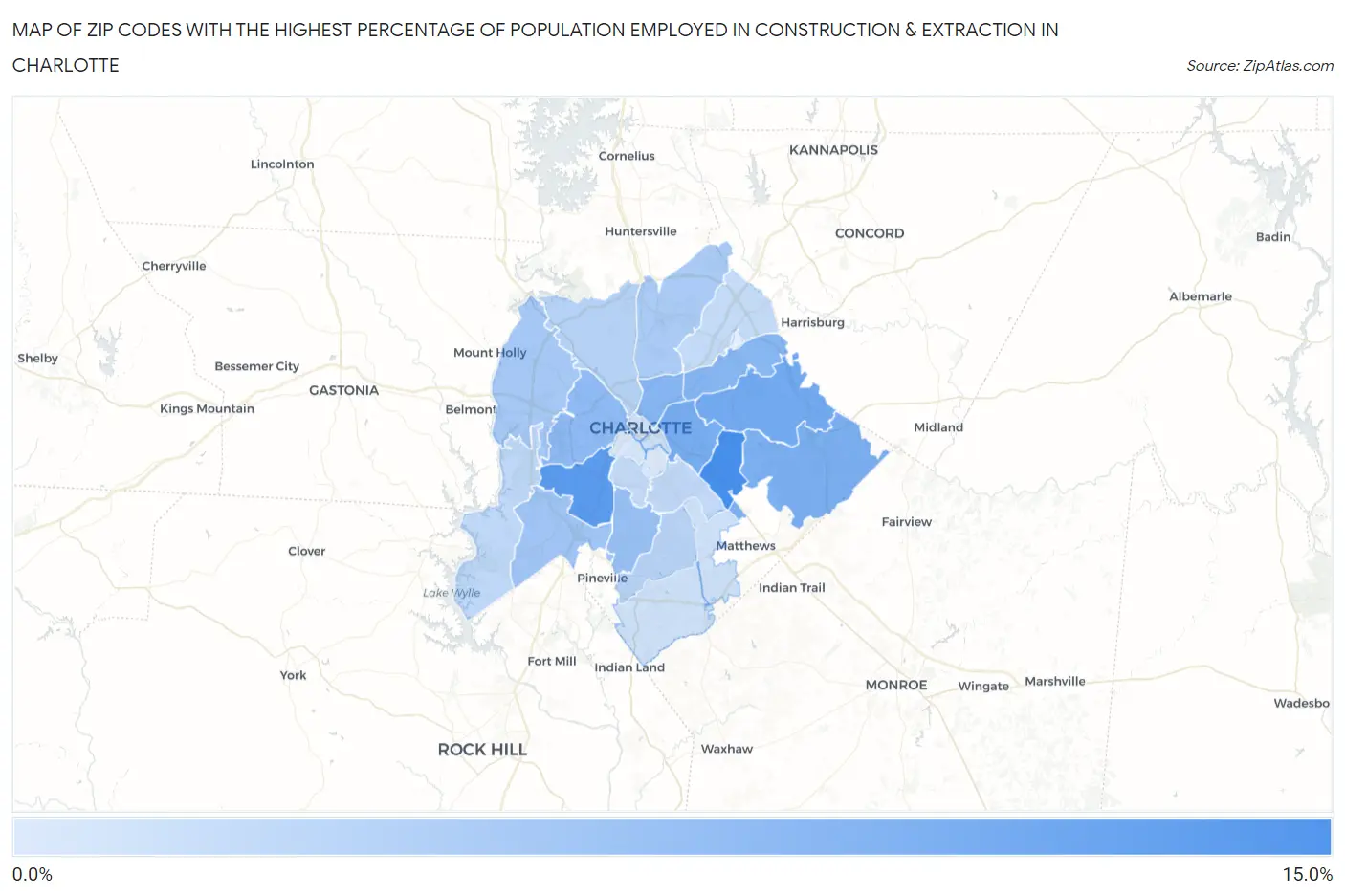 Zip Codes with the Highest Percentage of Population Employed in Construction & Extraction in Charlotte Map