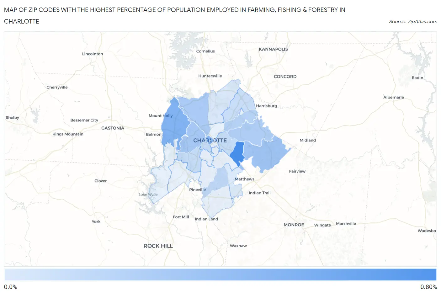 Zip Codes with the Highest Percentage of Population Employed in Farming, Fishing & Forestry in Charlotte Map