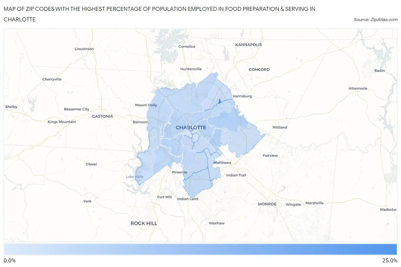 Zip Codes with the Highest Percentage of Population Employed in Food Preparation & Serving in Charlotte Map