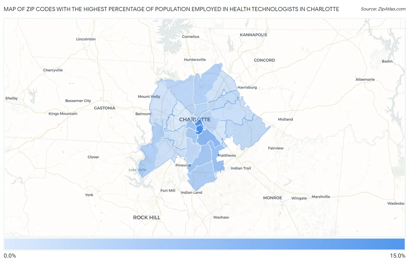Zip Codes with the Highest Percentage of Population Employed in Health Technologists in Charlotte Map