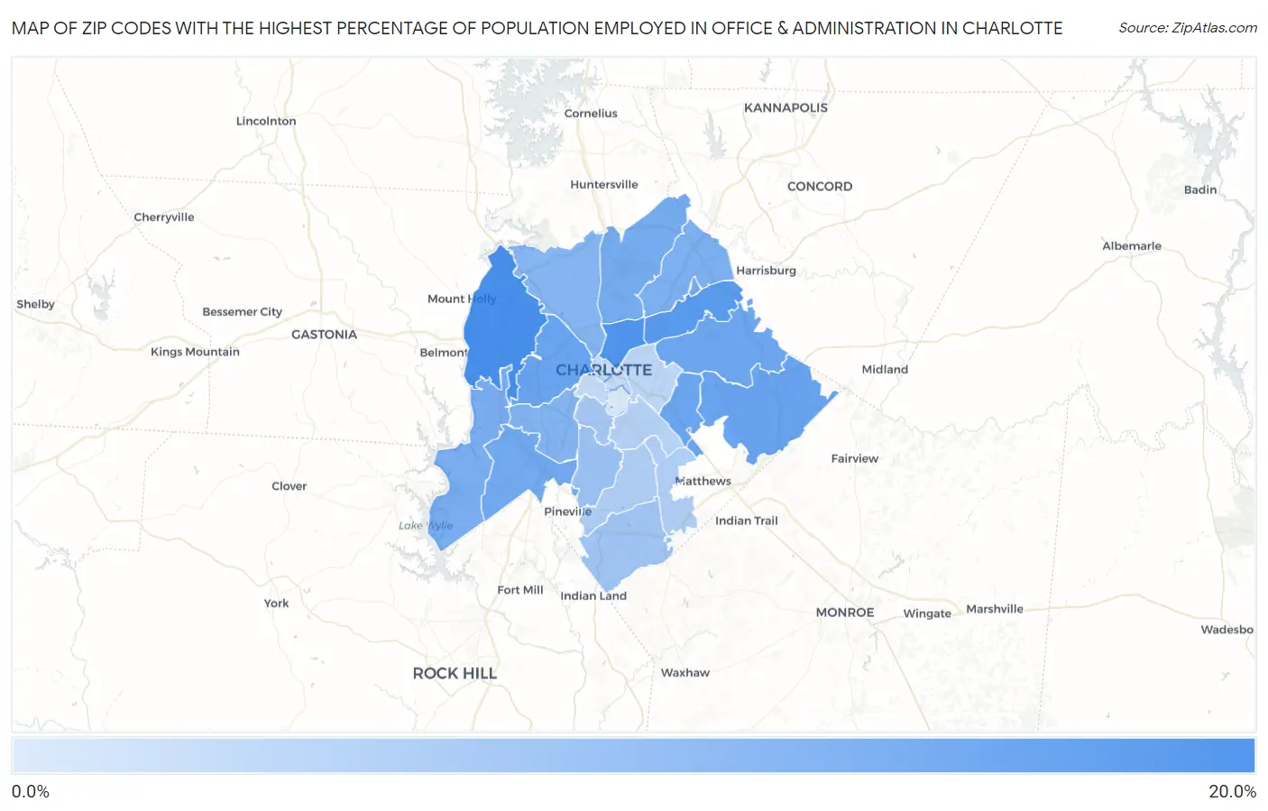 Zip Codes with the Highest Percentage of Population Employed in Office & Administration in Charlotte Map