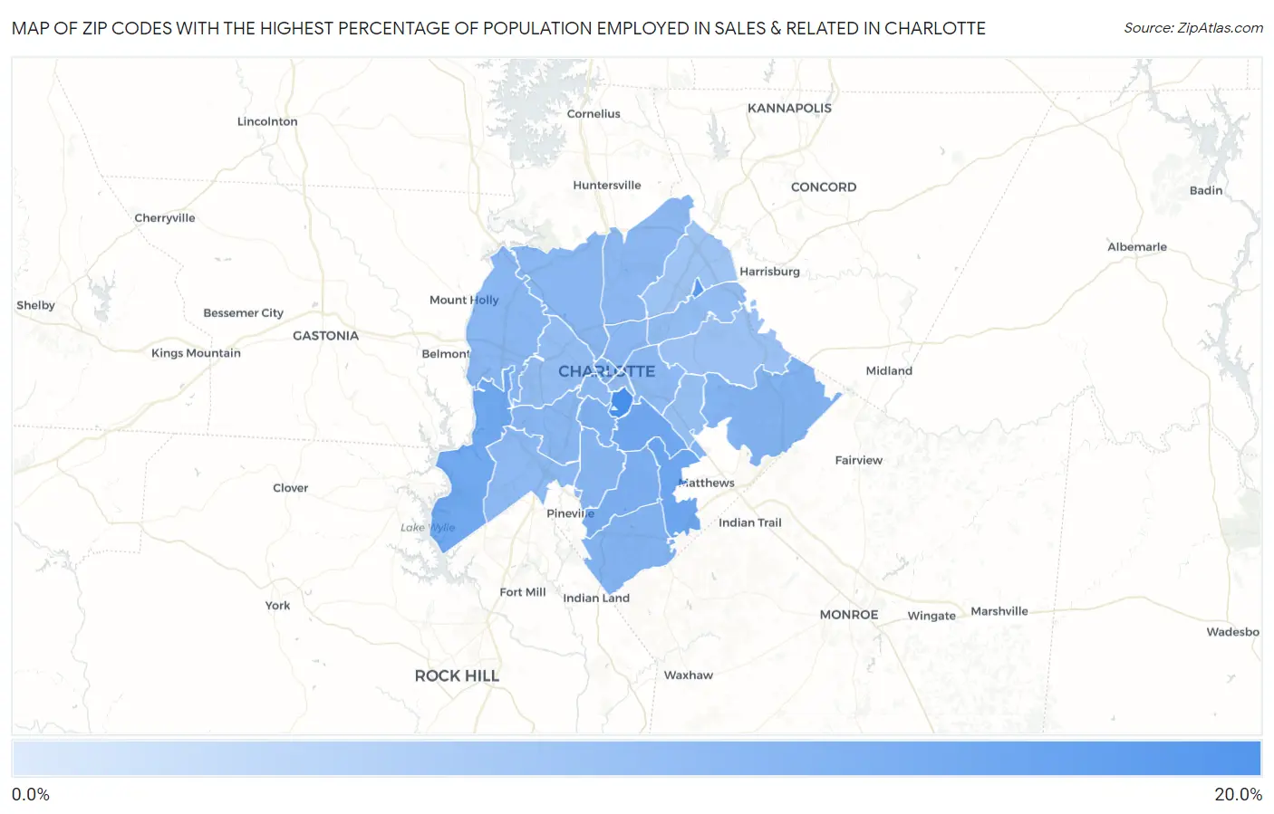 Zip Codes with the Highest Percentage of Population Employed in Sales & Related in Charlotte Map