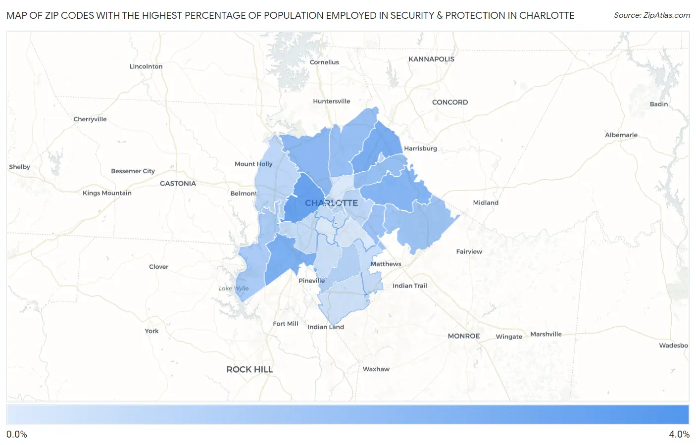 Zip Codes with the Highest Percentage of Population Employed in Security & Protection in Charlotte Map