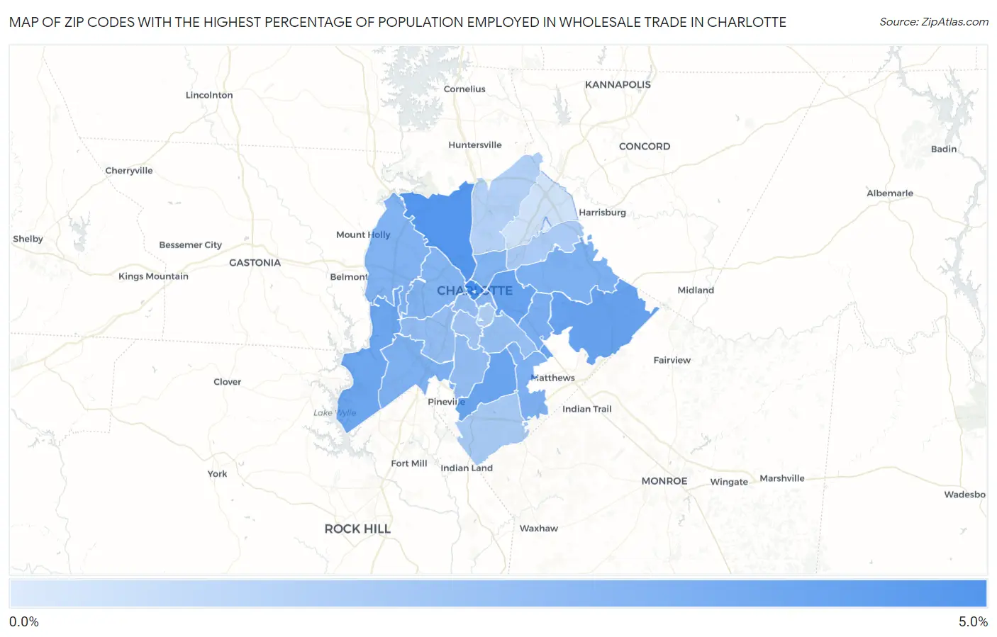 Zip Codes with the Highest Percentage of Population Employed in Wholesale Trade in Charlotte Map