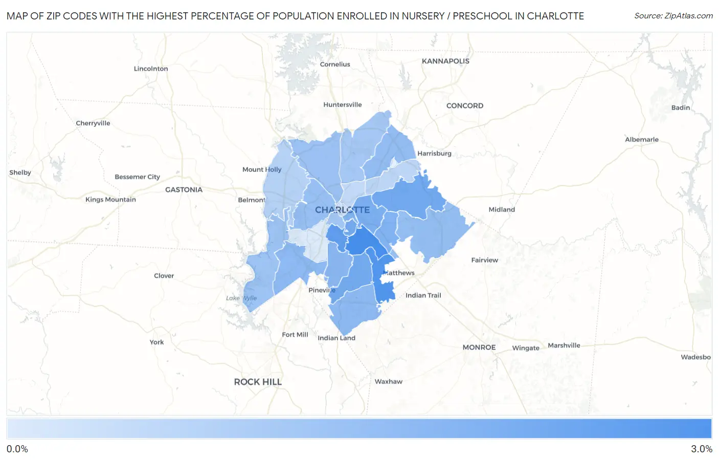 Zip Codes with the Highest Percentage of Population Enrolled in Nursery / Preschool in Charlotte Map