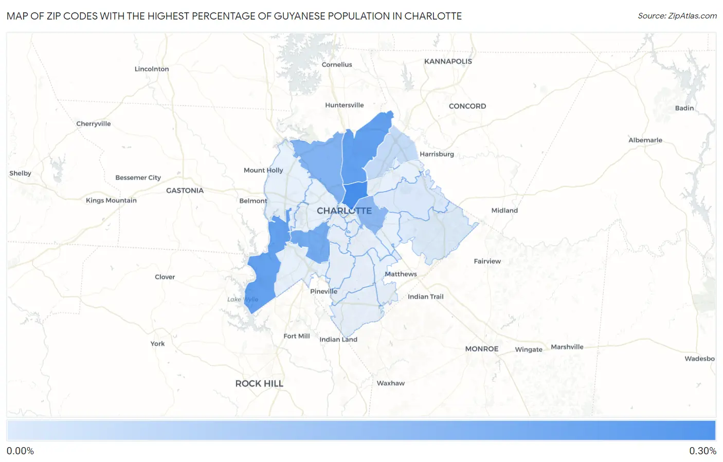 Zip Codes with the Highest Percentage of Guyanese Population in Charlotte Map