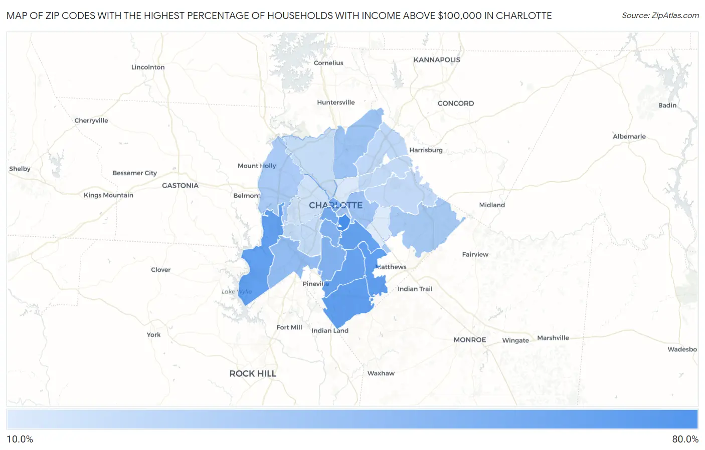 Zip Codes with the Highest Percentage of Households with Income Above $100,000 in Charlotte Map