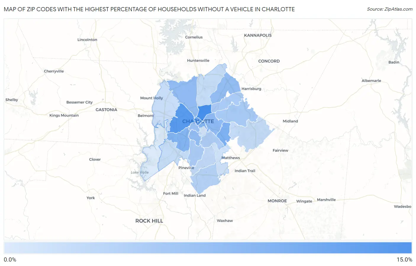 Zip Codes with the Highest Percentage of Households Without a Vehicle in Charlotte Map