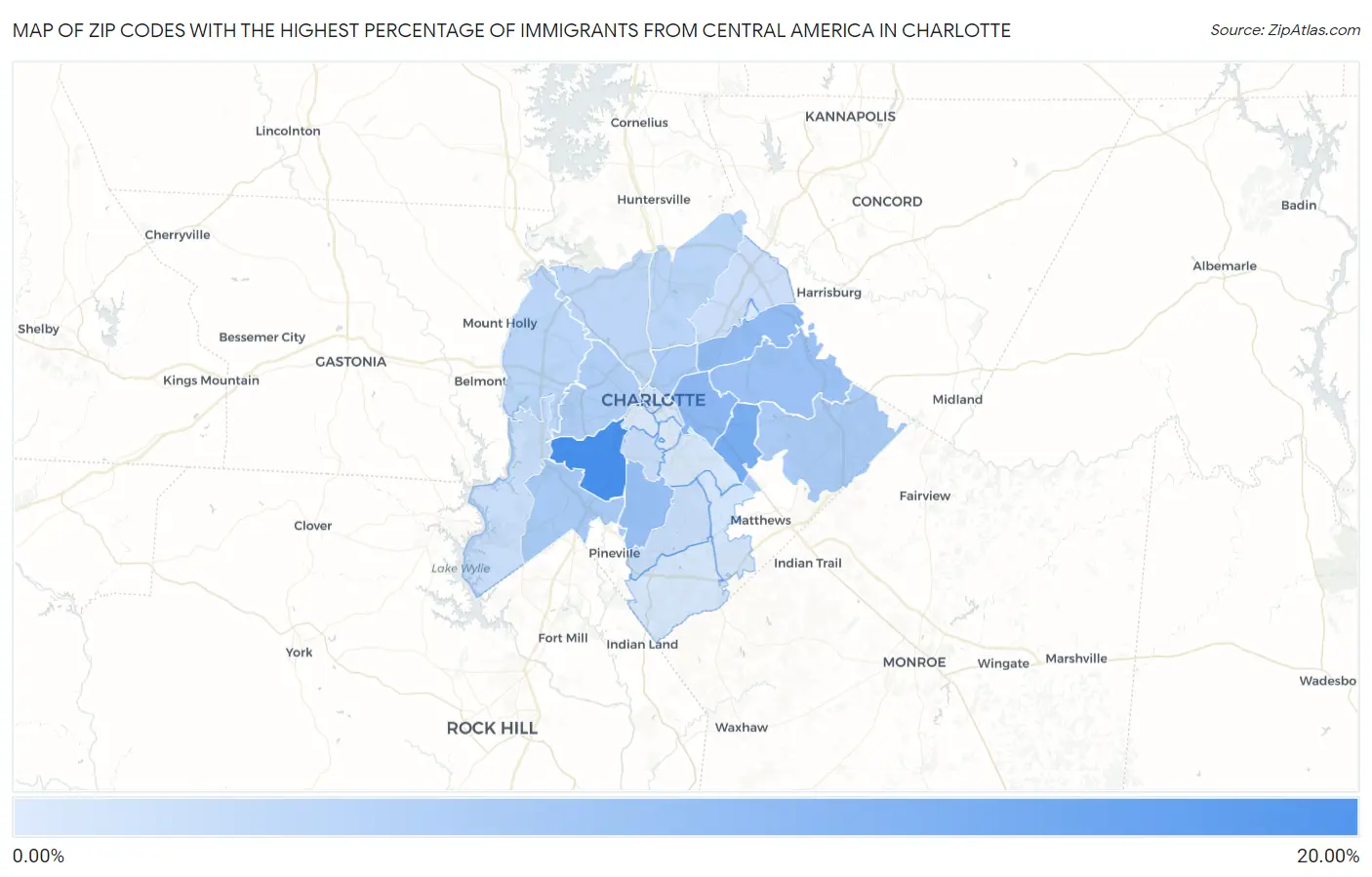 Zip Codes with the Highest Percentage of Immigrants from Central America in Charlotte Map
