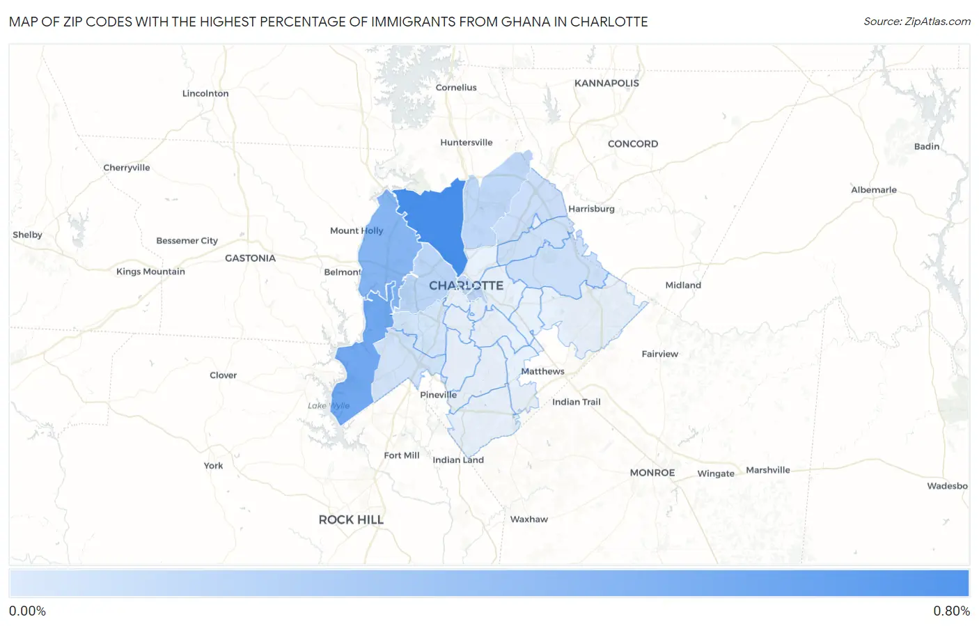 Zip Codes with the Highest Percentage of Immigrants from Ghana in Charlotte Map