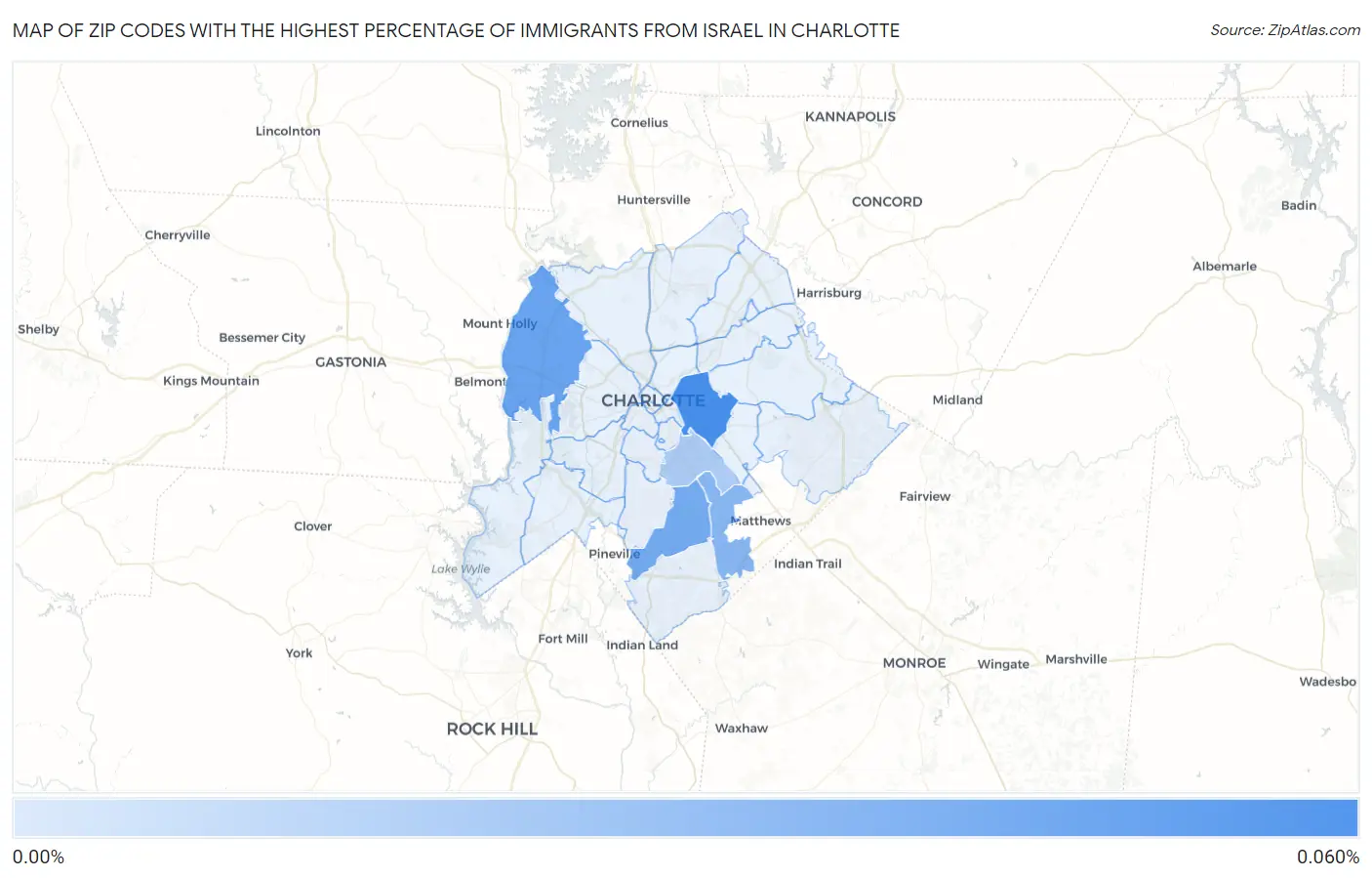 Zip Codes with the Highest Percentage of Immigrants from Israel in Charlotte Map