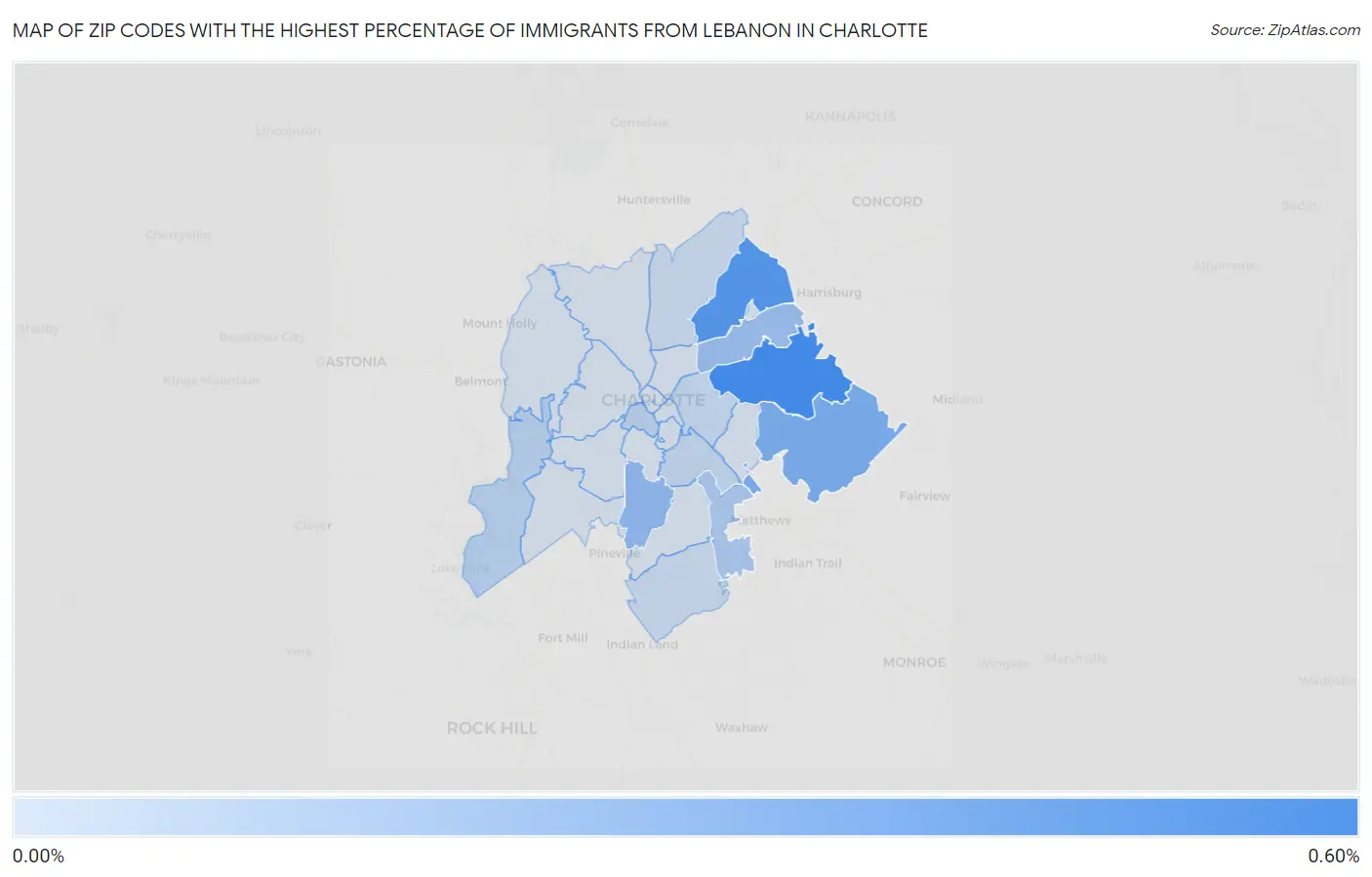 Zip Codes with the Highest Percentage of Immigrants from Lebanon in Charlotte Map