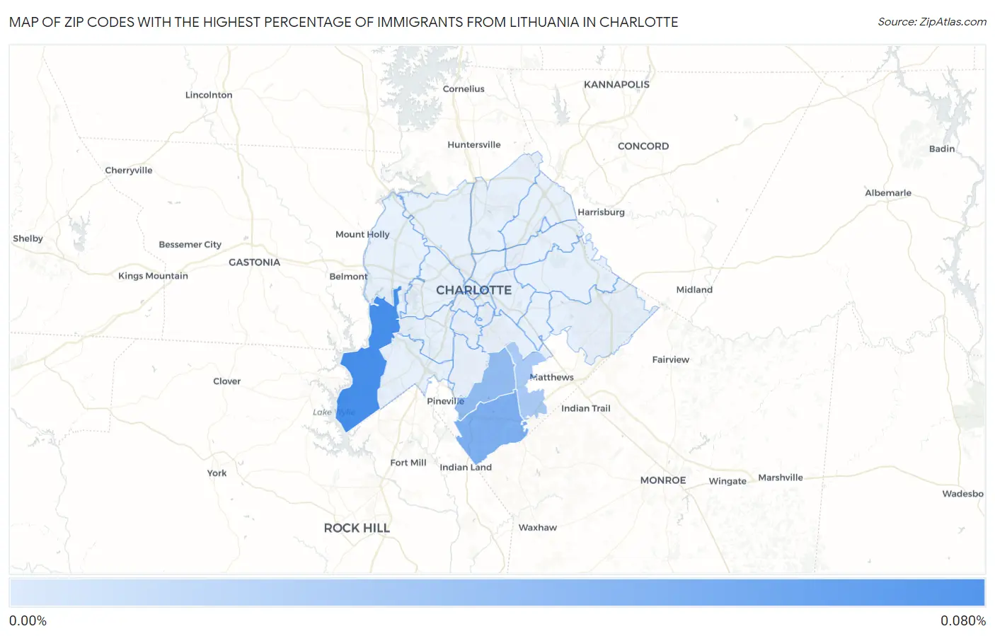 Zip Codes with the Highest Percentage of Immigrants from Lithuania in Charlotte Map