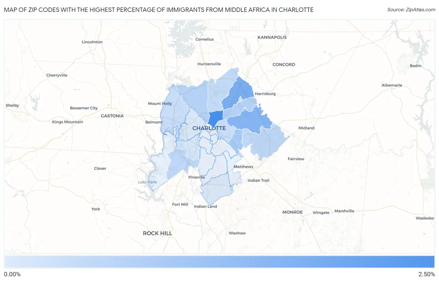 Zip Codes with the Highest Percentage of Immigrants from Middle Africa in Charlotte Map