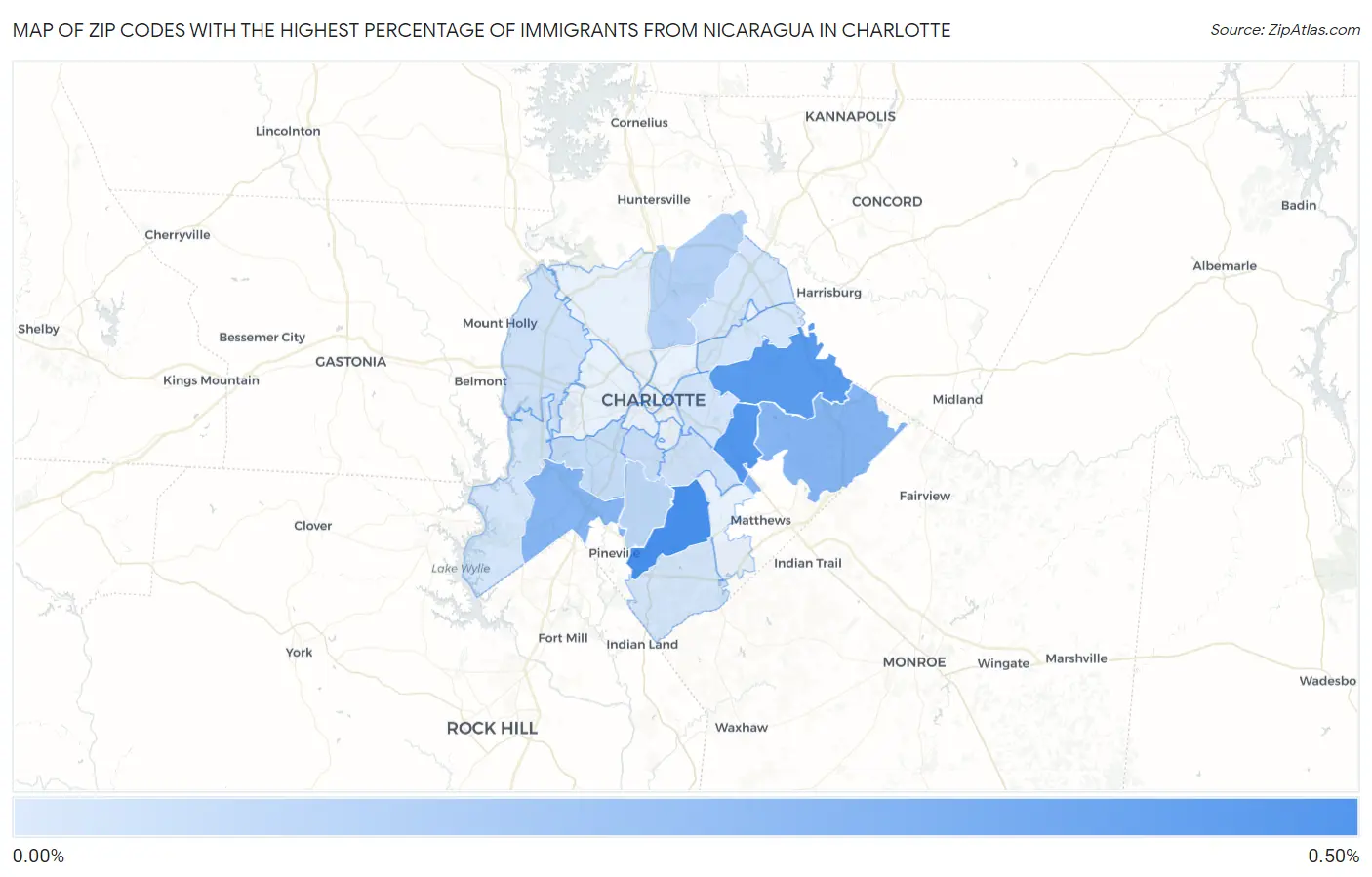 Zip Codes with the Highest Percentage of Immigrants from Nicaragua in Charlotte Map