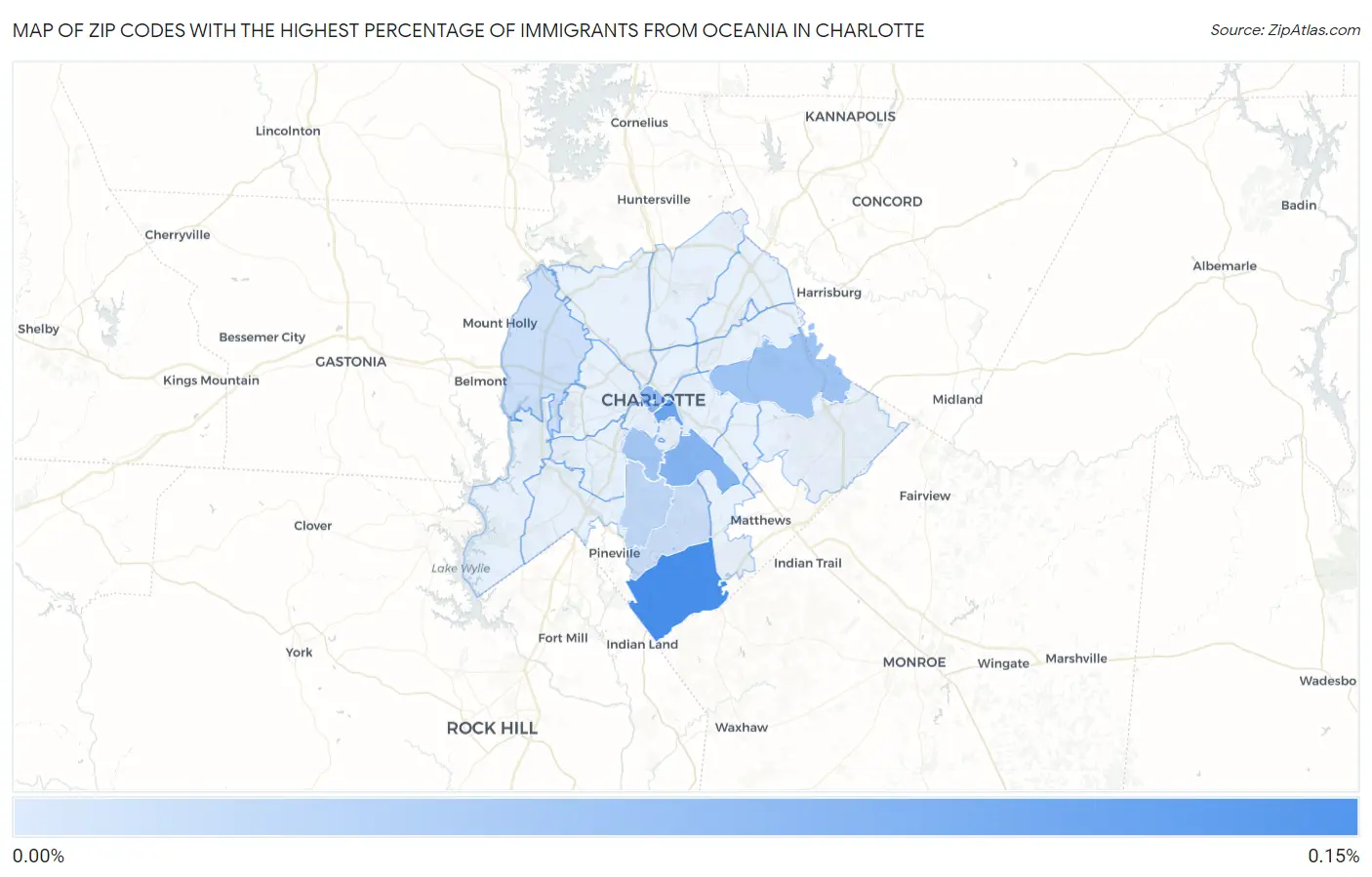 Zip Codes with the Highest Percentage of Immigrants from Oceania in Charlotte Map