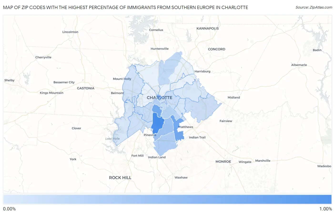 Zip Codes with the Highest Percentage of Immigrants from Southern Europe in Charlotte Map