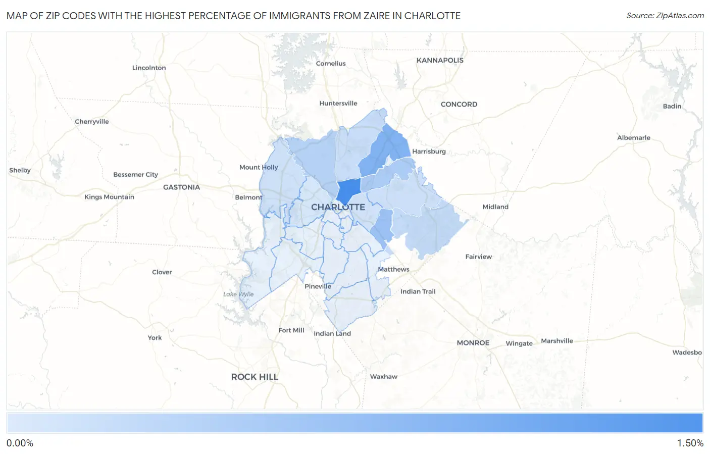 Zip Codes with the Highest Percentage of Immigrants from Zaire in Charlotte Map