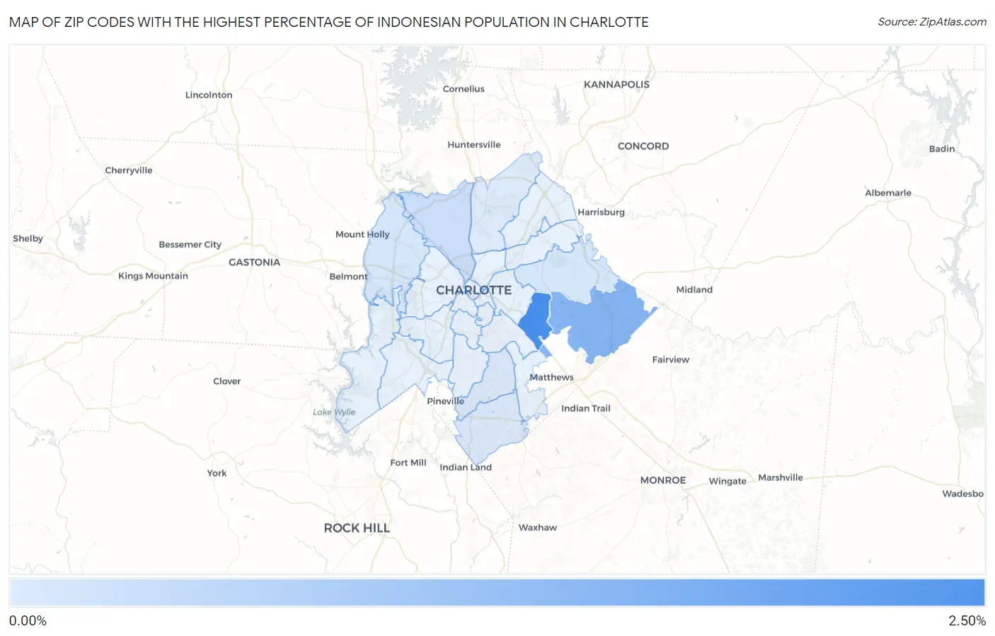 Zip Codes with the Highest Percentage of Indonesian Population in Charlotte Map
