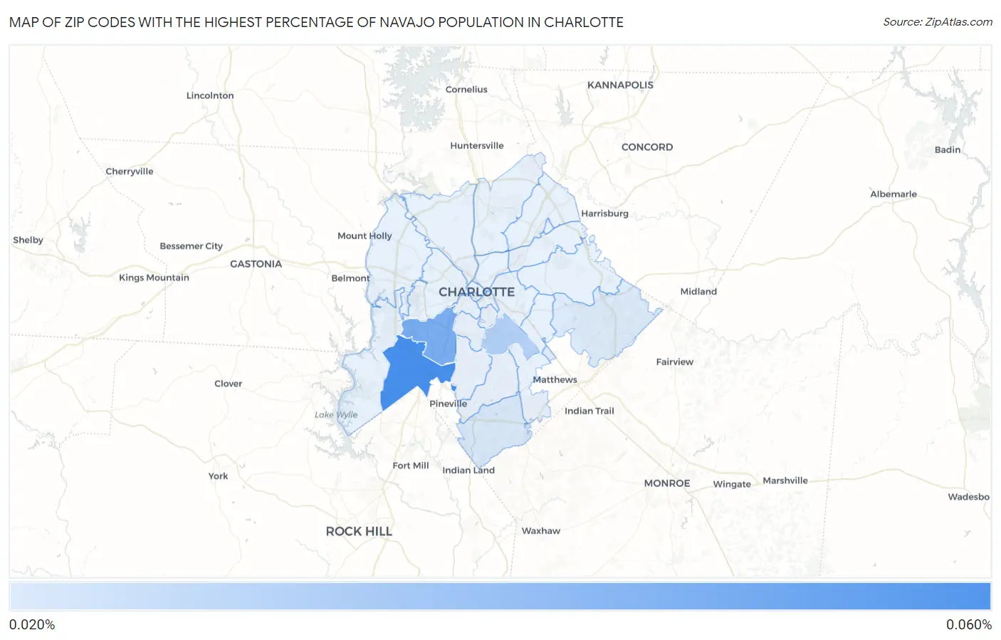 Zip Codes with the Highest Percentage of Navajo Population in Charlotte Map