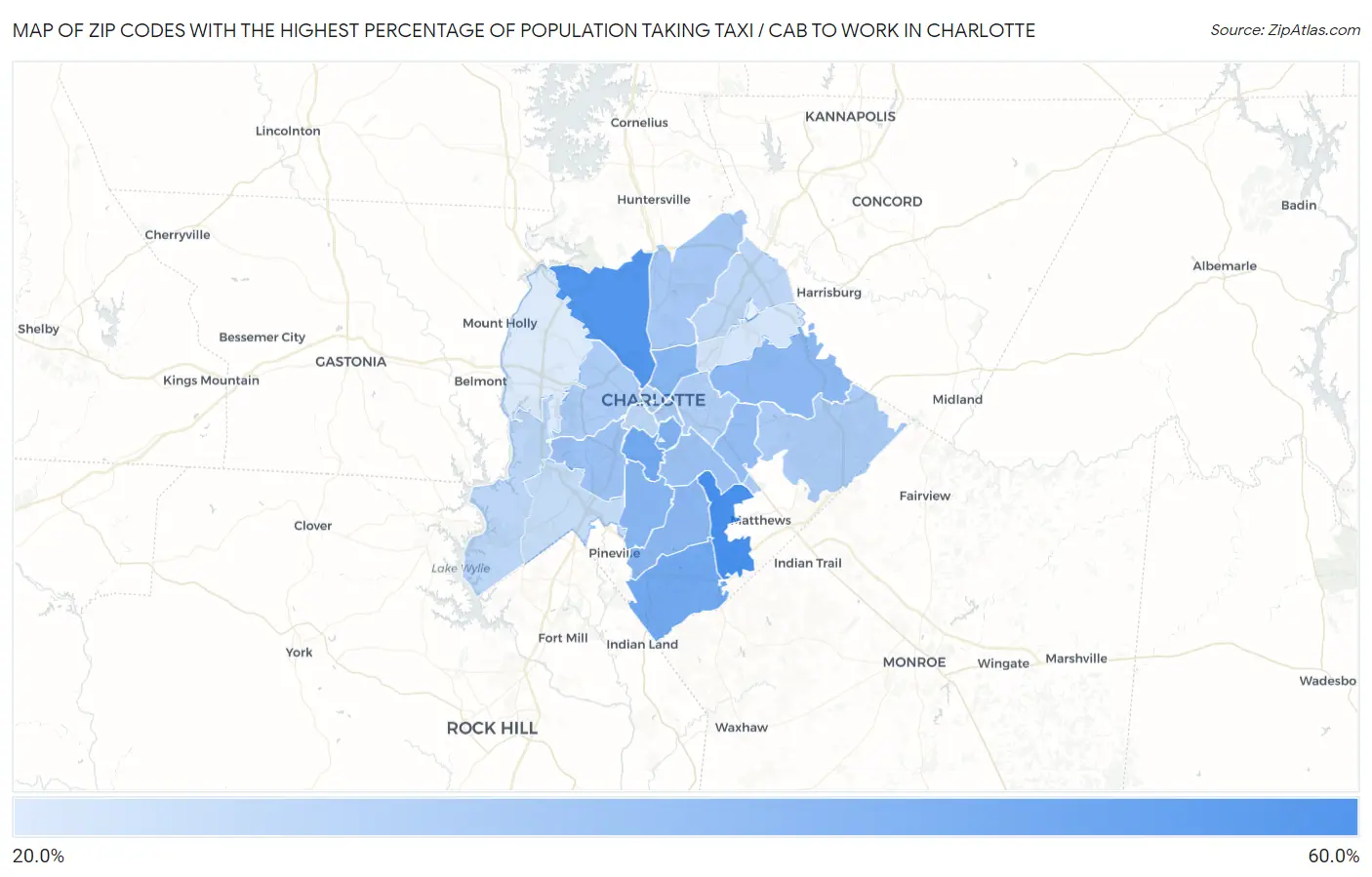 Zip Codes with the Highest Percentage of Population Taking Taxi / Cab to Work in Charlotte Map
