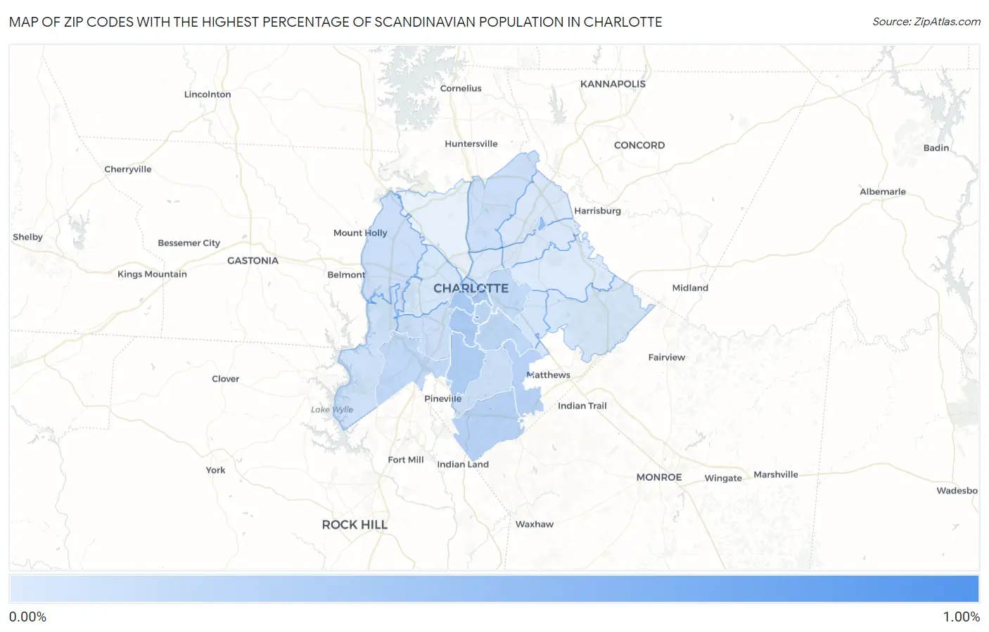Zip Codes with the Highest Percentage of Scandinavian Population in Charlotte Map