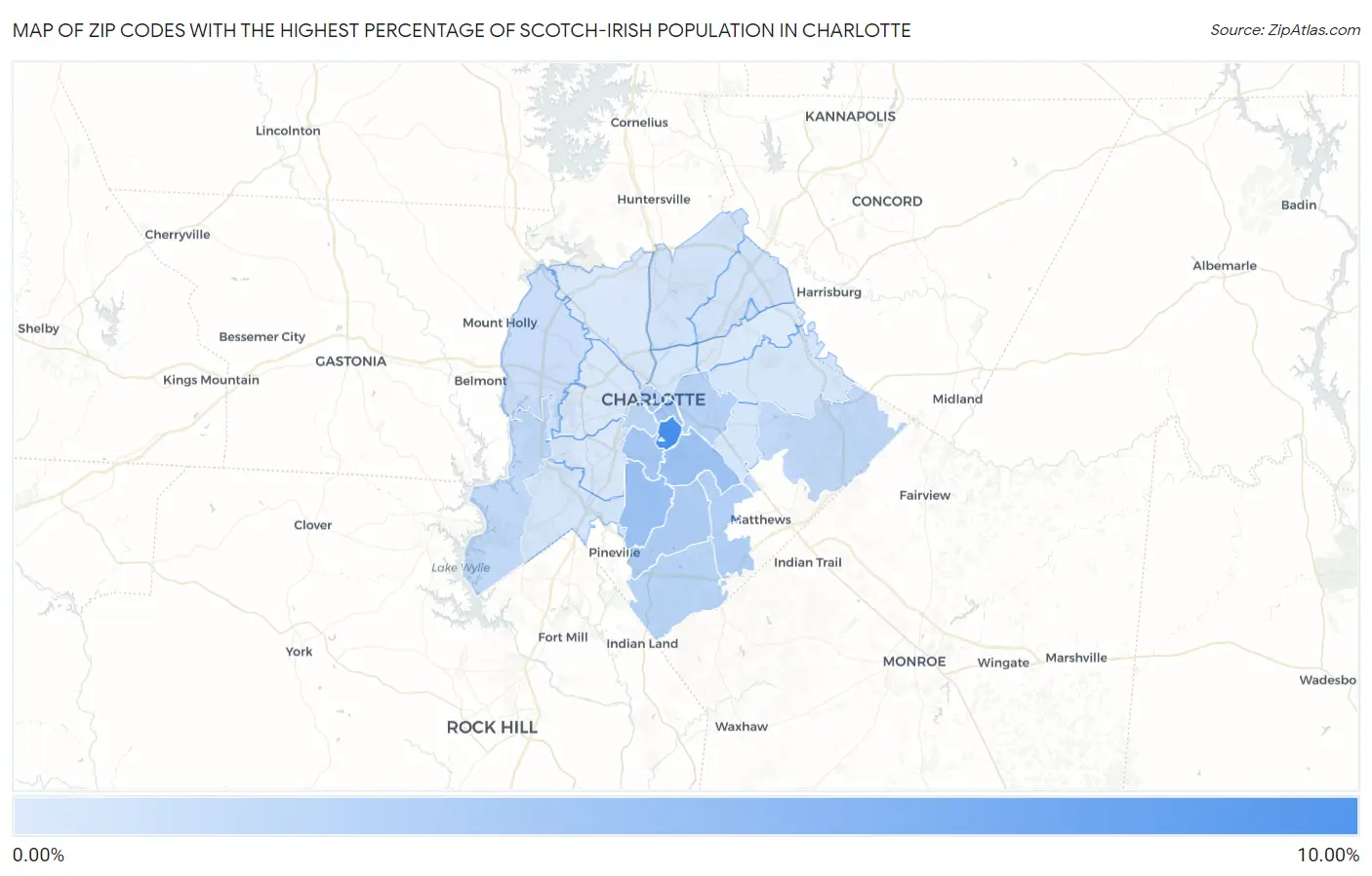Zip Codes with the Highest Percentage of Scotch-Irish Population in Charlotte Map