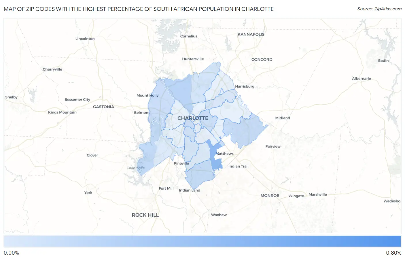 Zip Codes with the Highest Percentage of South African Population in Charlotte Map