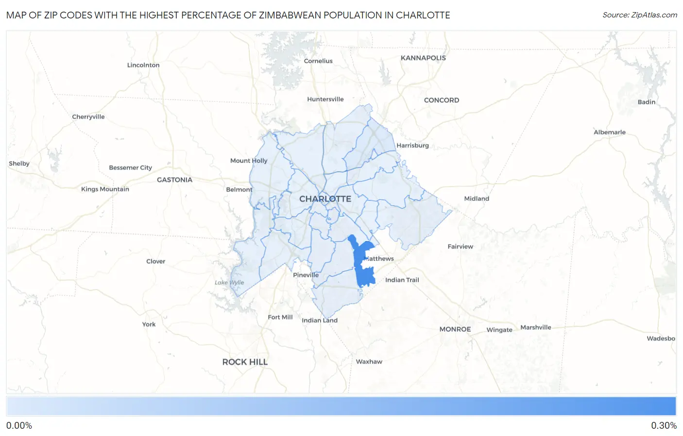 Zip Codes with the Highest Percentage of Zimbabwean Population in Charlotte Map