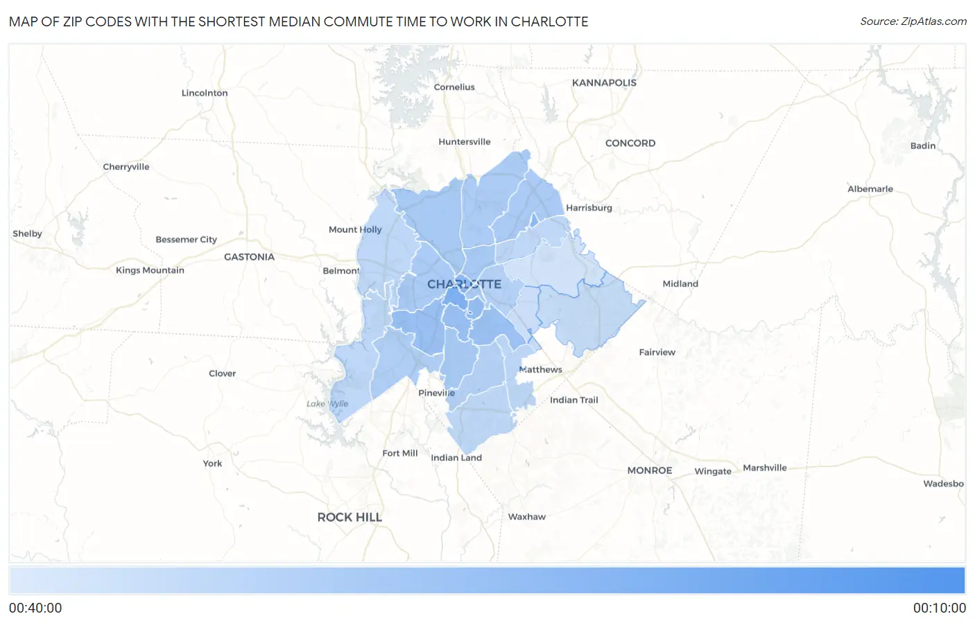 Zip Codes with the Shortest Median Commute Time to Work in Charlotte Map