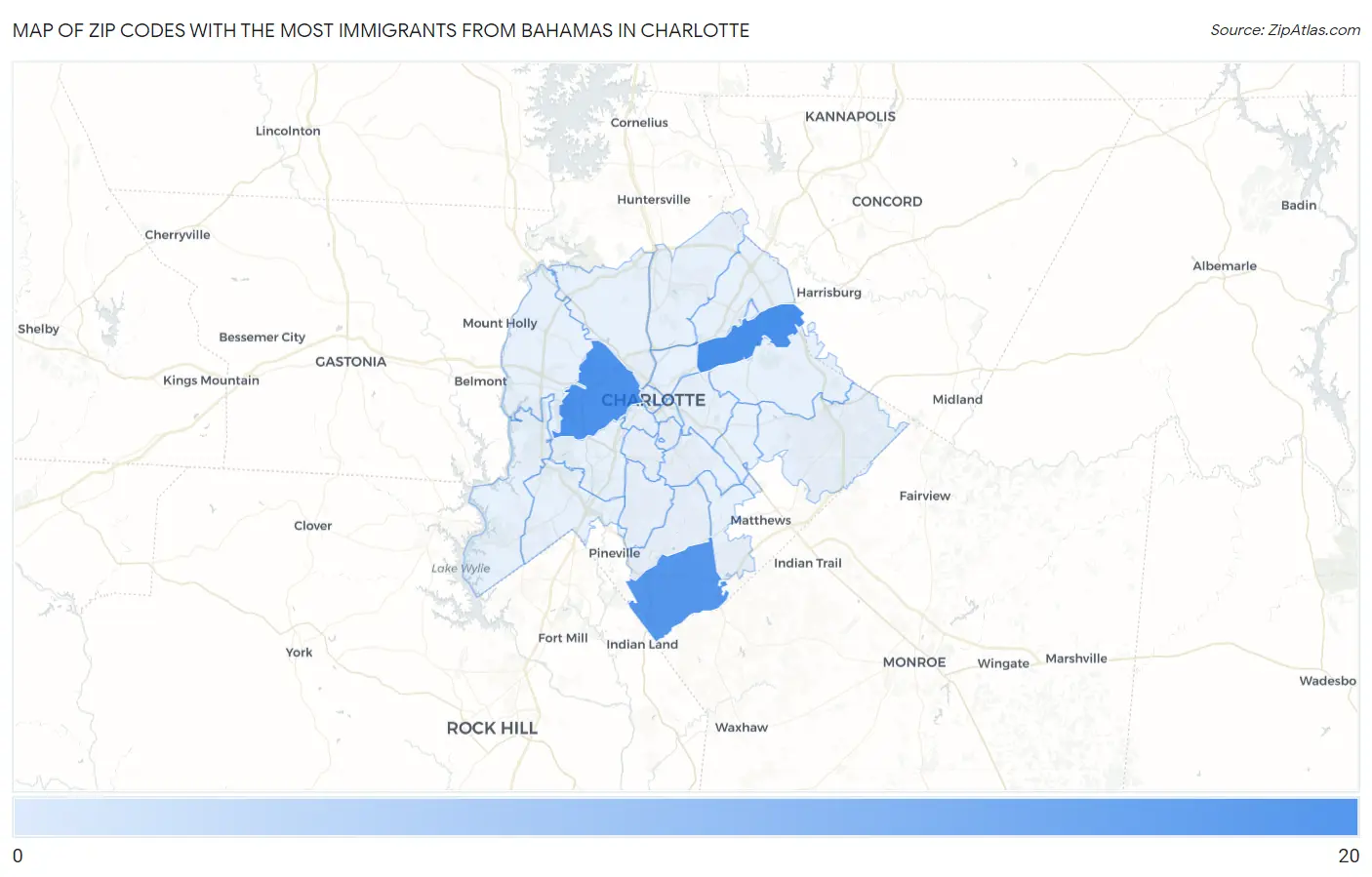 Zip Codes with the Most Immigrants from Bahamas in Charlotte Map