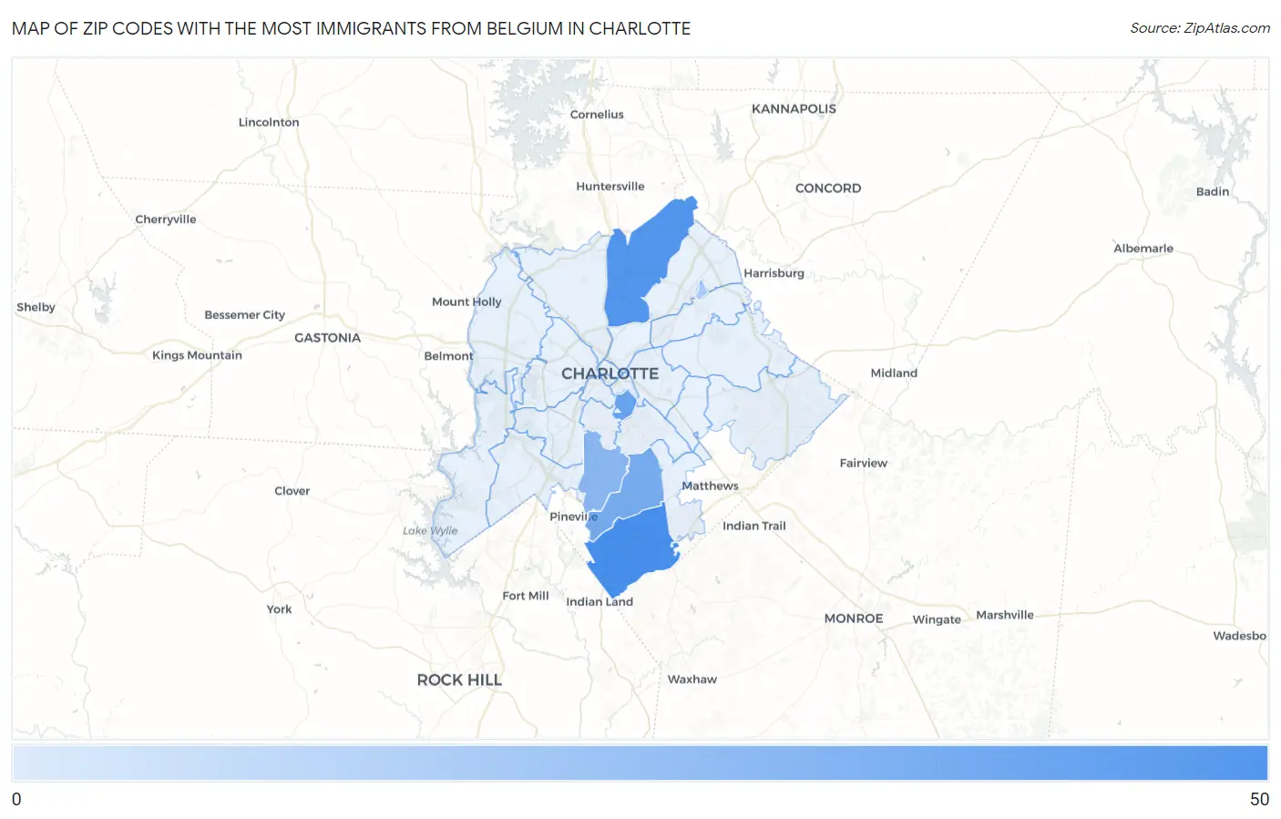Zip Codes with the Most Immigrants from Belgium in Charlotte Map