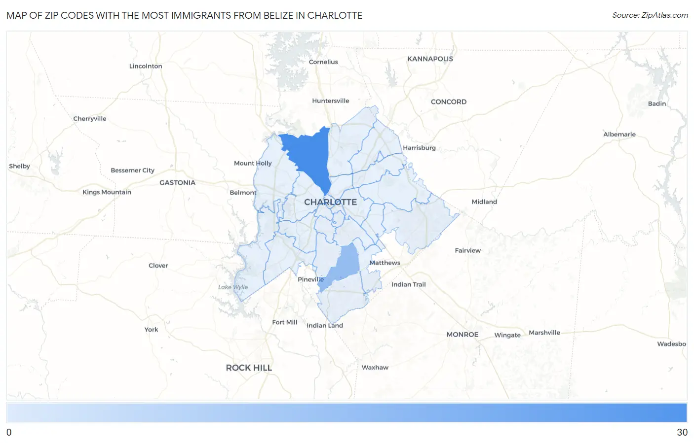 Zip Codes with the Most Immigrants from Belize in Charlotte Map