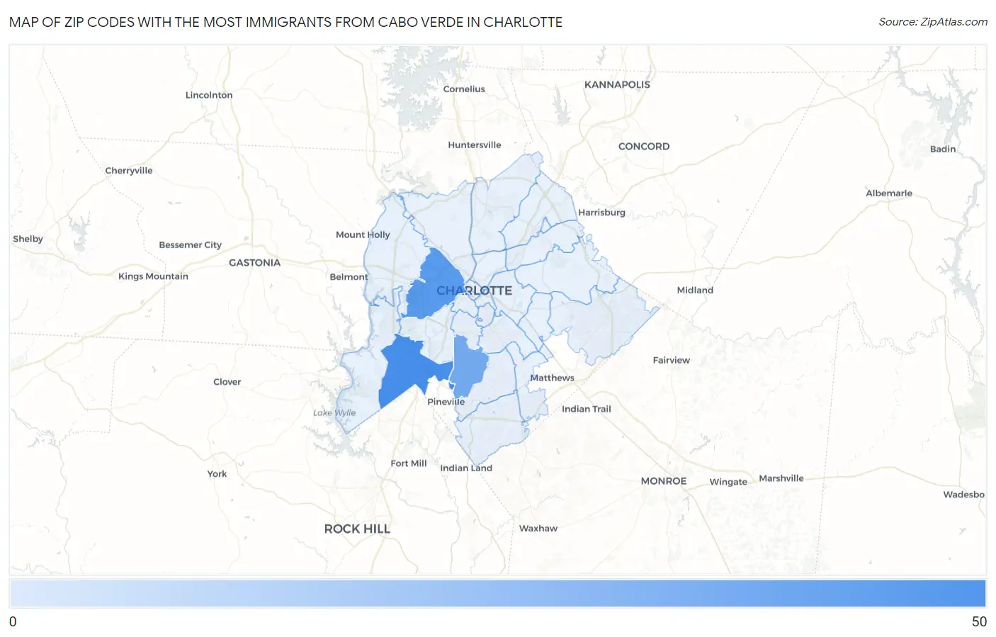 Zip Codes with the Most Immigrants from Cabo Verde in Charlotte Map