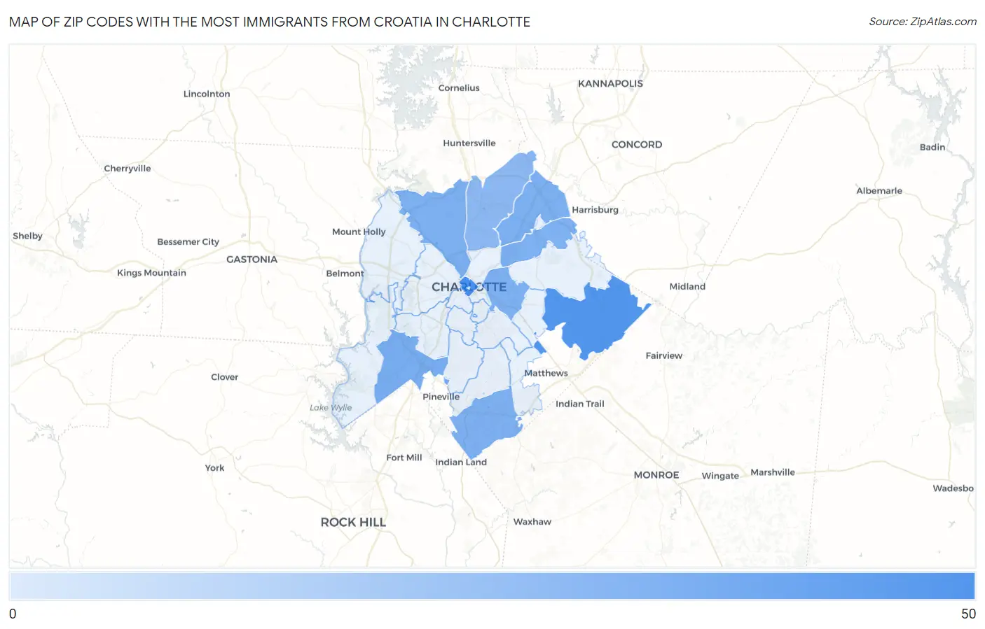 Zip Codes with the Most Immigrants from Croatia in Charlotte Map