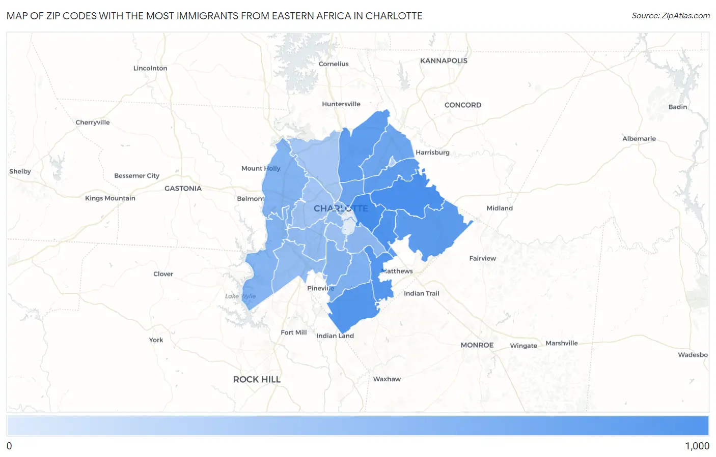 Zip Codes with the Most Immigrants from Eastern Africa in Charlotte Map