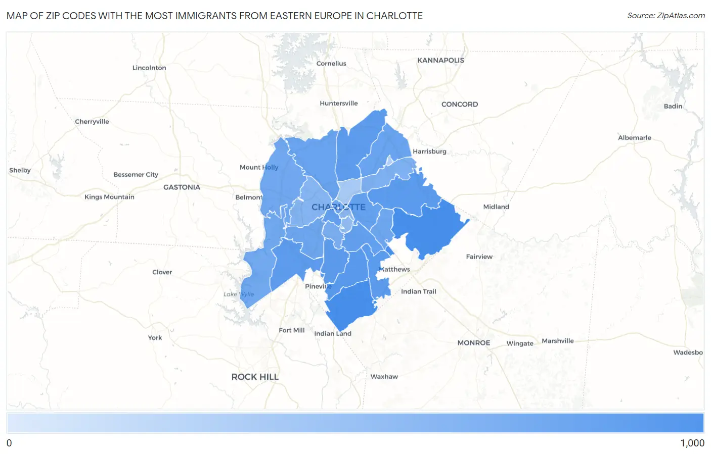 Zip Codes with the Most Immigrants from Eastern Europe in Charlotte Map