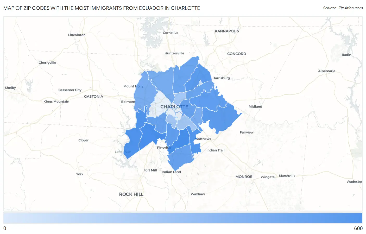 Zip Codes with the Most Immigrants from Ecuador in Charlotte Map