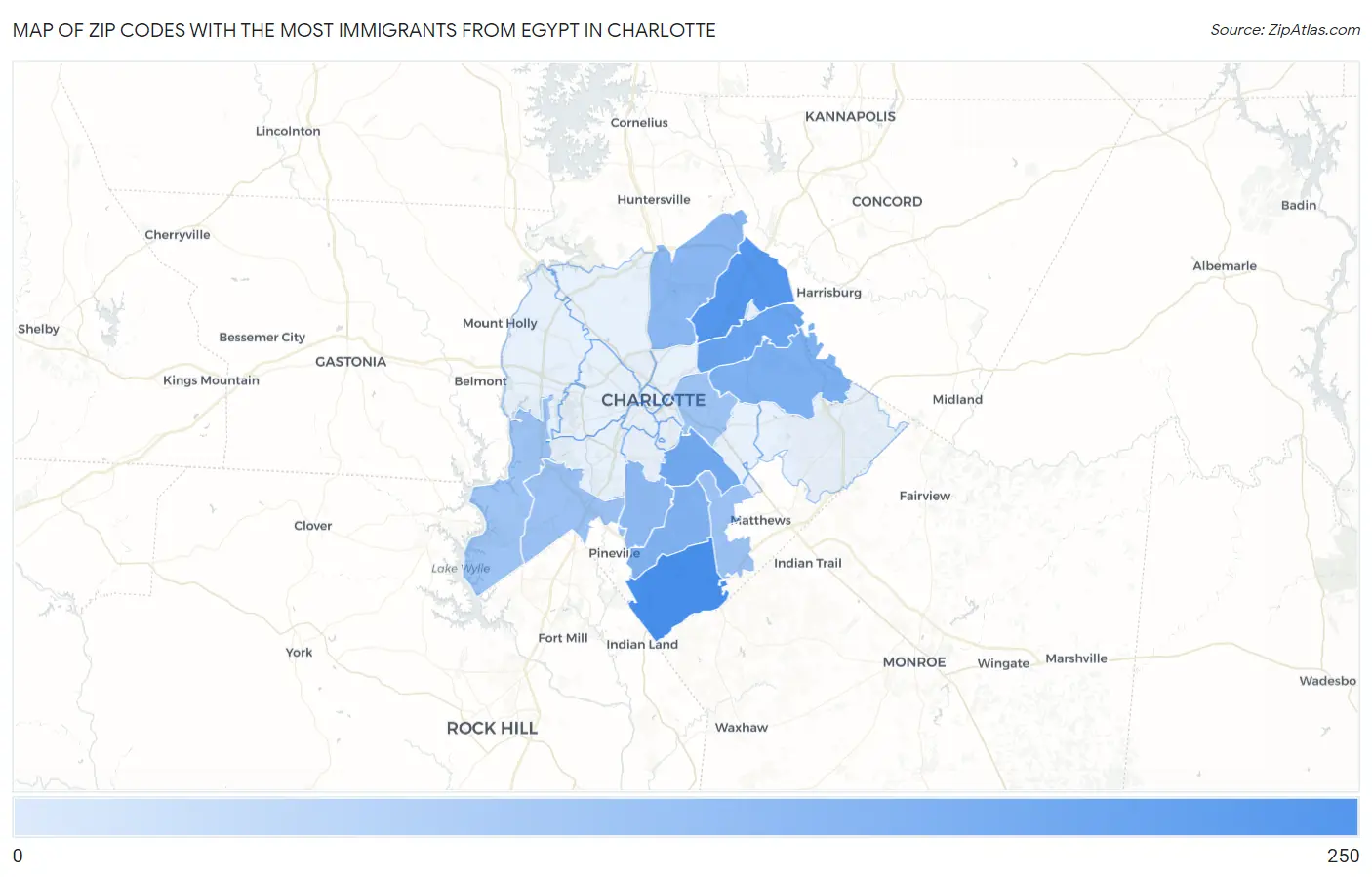 Zip Codes with the Most Immigrants from Egypt in Charlotte Map