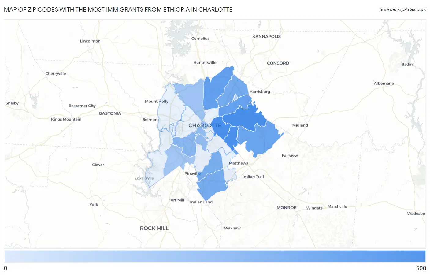 Zip Codes with the Most Immigrants from Ethiopia in Charlotte Map