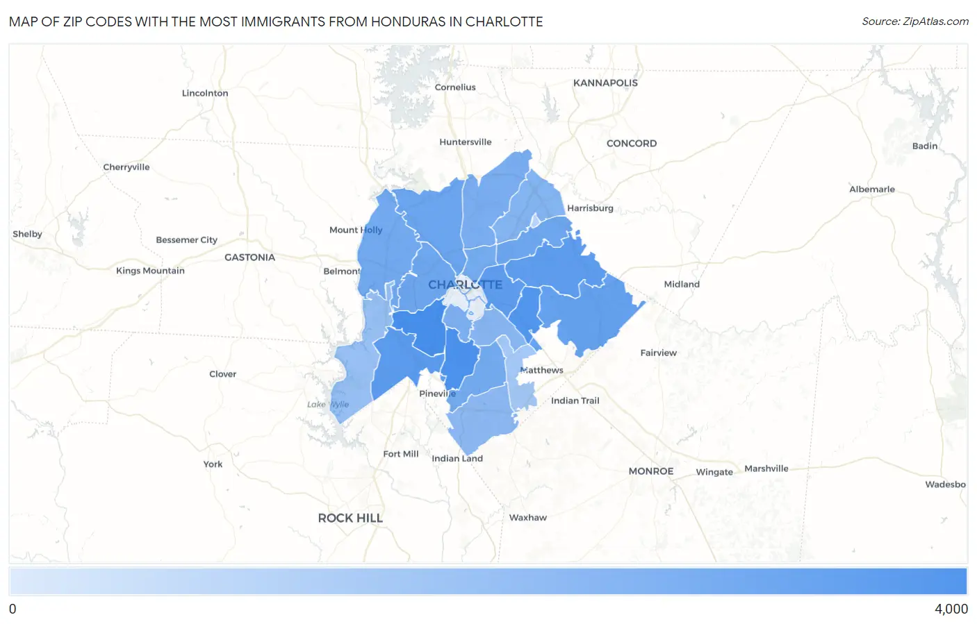 Zip Codes with the Most Immigrants from Honduras in Charlotte Map
