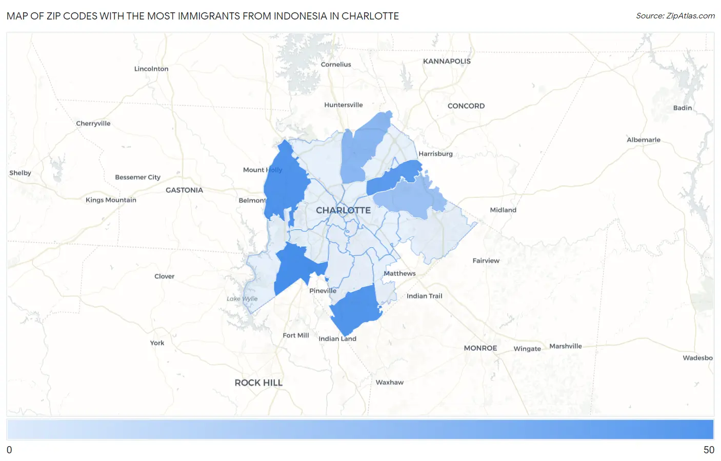 Zip Codes with the Most Immigrants from Indonesia in Charlotte Map