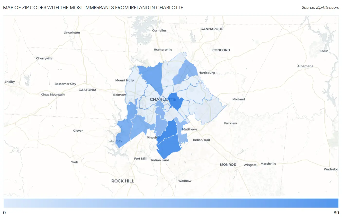 Zip Codes with the Most Immigrants from Ireland in Charlotte Map