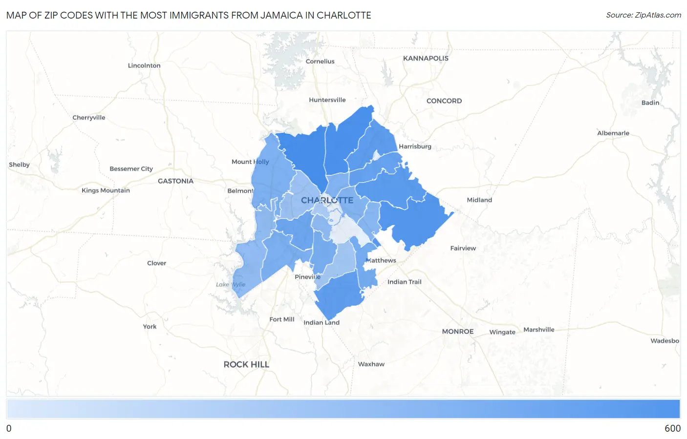 Zip Codes with the Most Immigrants from Jamaica in Charlotte Map