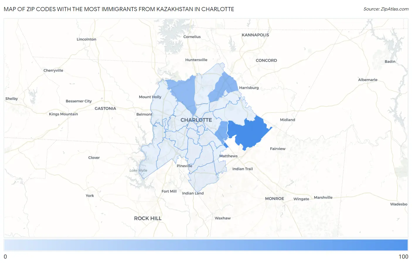Zip Codes with the Most Immigrants from Kazakhstan in Charlotte Map