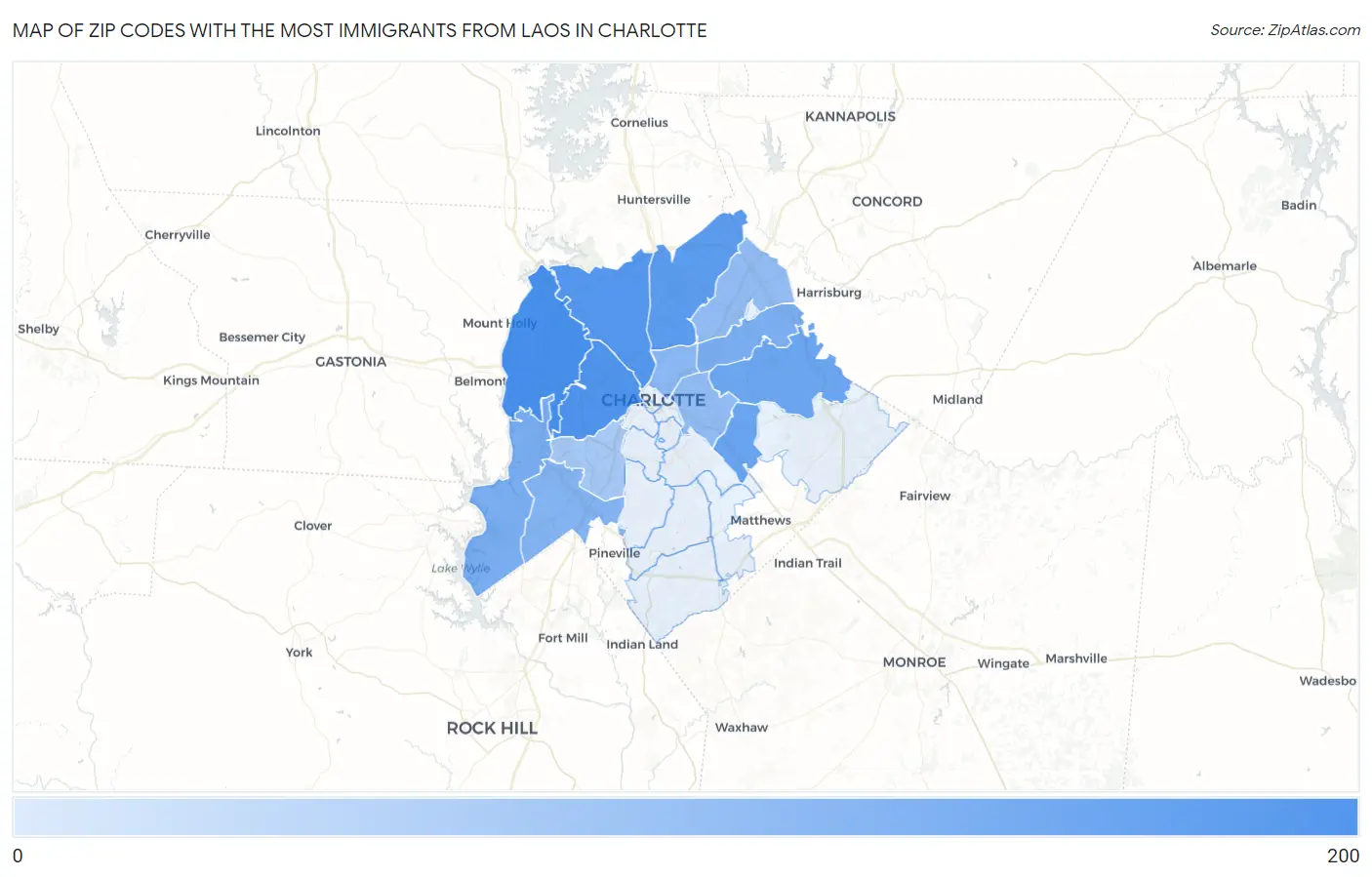 Zip Codes with the Most Immigrants from Laos in Charlotte Map