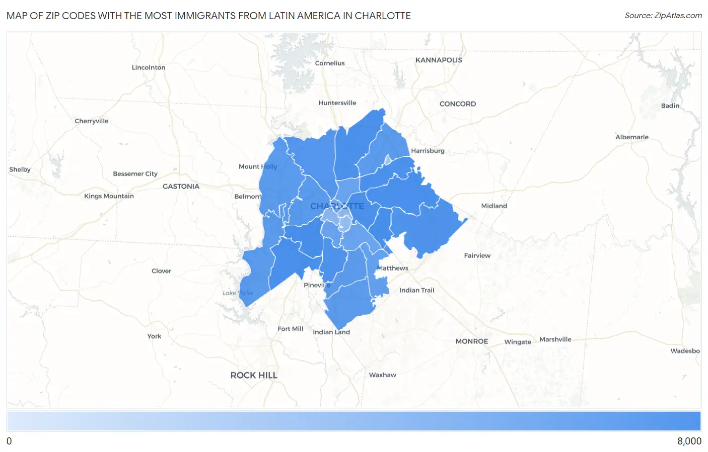Zip Codes with the Most Immigrants from Latin America in Charlotte Map