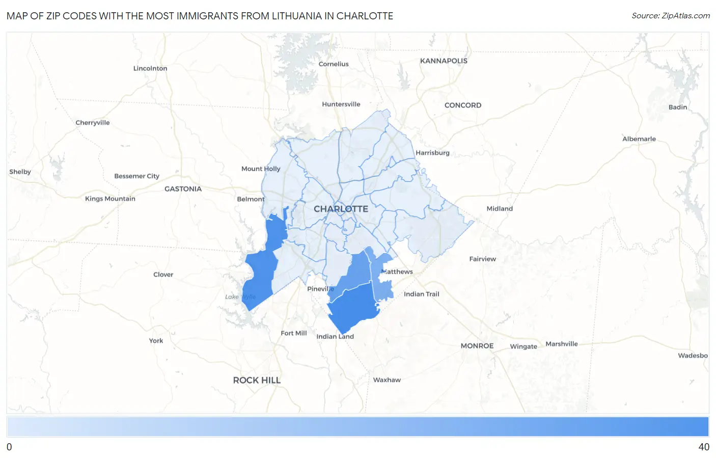 Zip Codes with the Most Immigrants from Lithuania in Charlotte Map