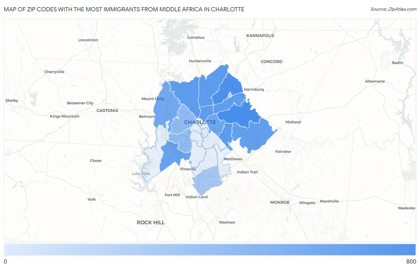 Zip Codes with the Most Immigrants from Middle Africa in Charlotte Map